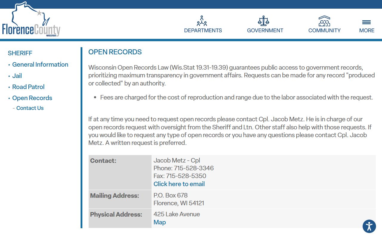 Florence County inmate records open records request contact page