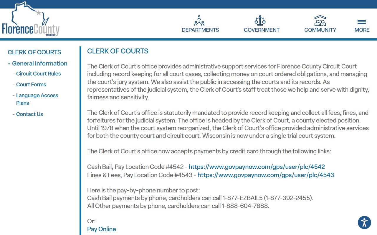 Florence County court records after jail arrest Clerk of Courts access page