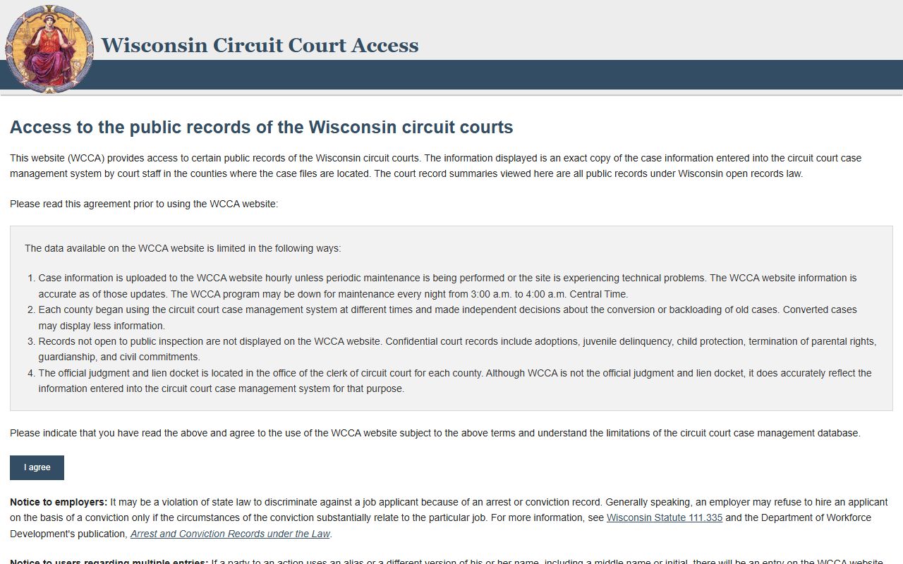 Florence County court records after arrest WCCA circuit court access search