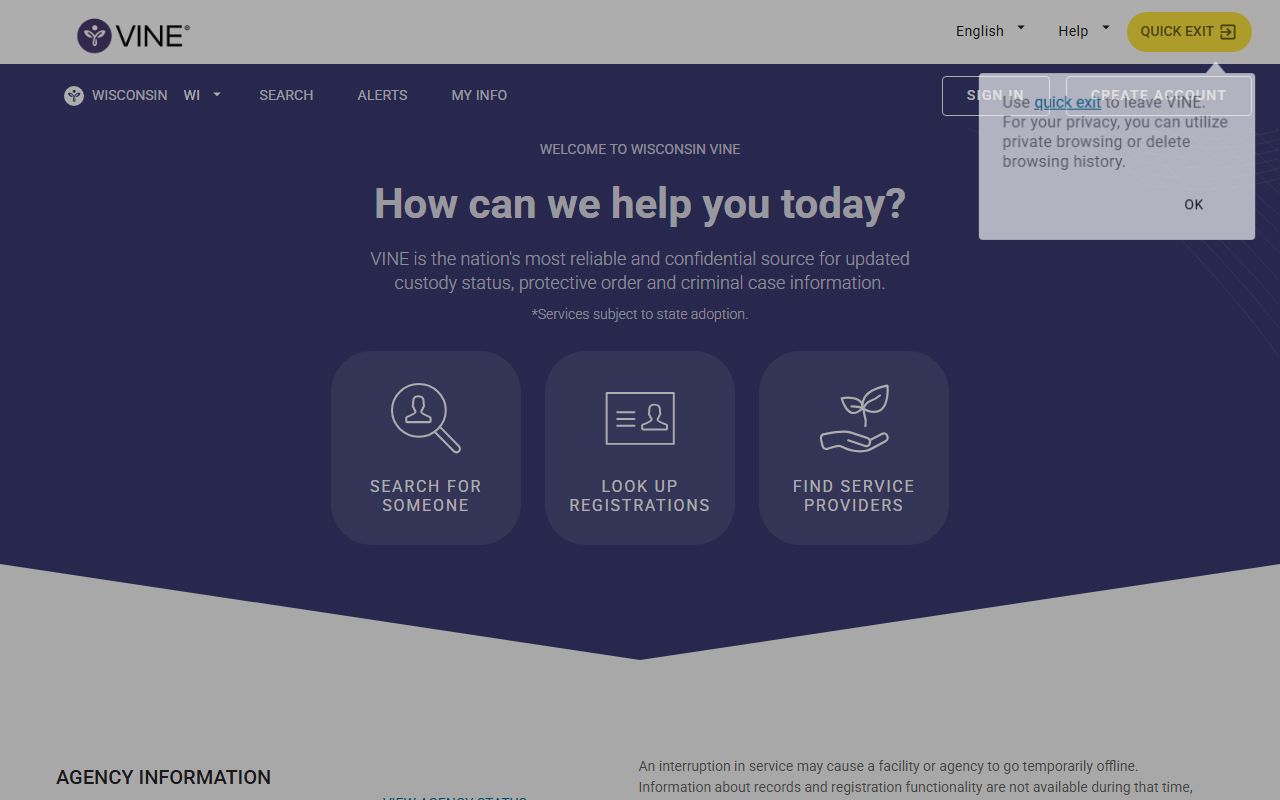 Wisconsin VINE custody status search for Florence County inmate records